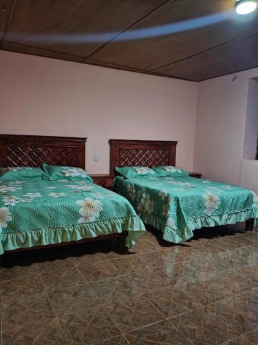two beds in a room with green comforter at Hospedaje Santa Rita in Zacatlán