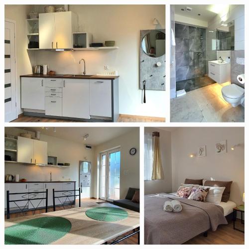 a collage of three pictures of a kitchen and a bathroom at Villa Sjesta komfortowe apartamenty, prywatny parking, gratis parking w centrum miasta in Kudowa-Zdrój