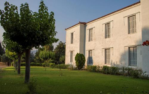 a large white building with a tree in the yard at Hotel Oiti in Loutra Ipatis