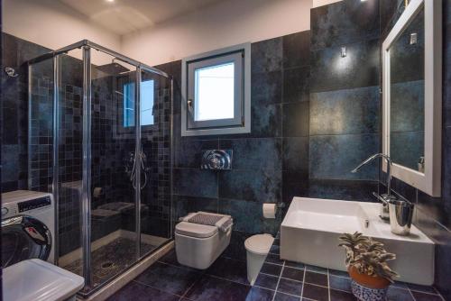 a bathroom with a shower and a toilet and a sink at Villa Allegra in Kythira