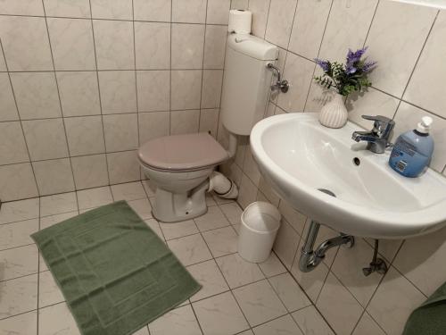 a white bathroom with a toilet and a sink at Moderne Monteurwohnung in der Nähe vom VW Werk 1 in Wolfsburg