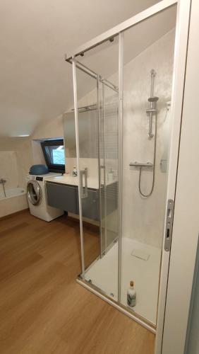 a bathroom with a shower with a sink and a toilet at La casa di Giacomo & Vanille in Morbegno
