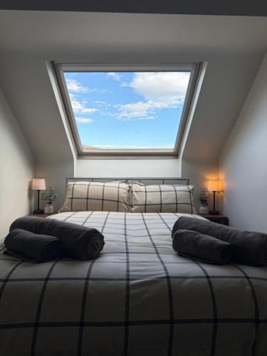 a bedroom with a bed with a large window at 128-130 Crookes in Sheffield
