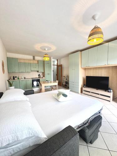 a large bedroom with a large bed and a kitchen at Casa Lagobello, Piscina e Relax sul Lago Maggiore in Germignaga