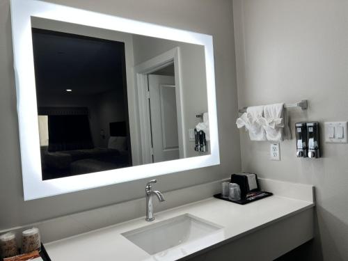 a bathroom with a sink and a large mirror at Hotel Royale - Houston Hobby Airport in Houston