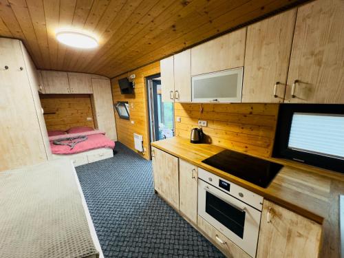 a kitchen with a stove and a tv in a room at wellness vagon in Chlum u Třeboně
