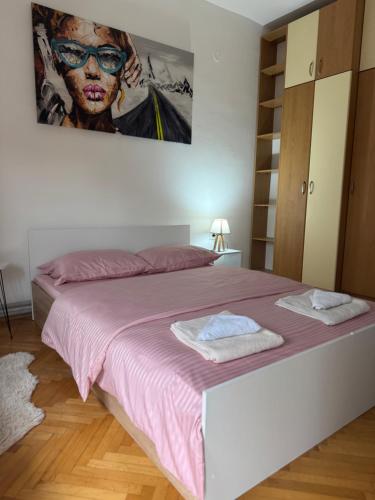 a bedroom with a bed with pink sheets and a painting at Comfort corner in Skopje