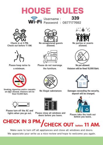 a poster showing the dangers of house rules at The Station Condo1 in Ban Nong Chaeng