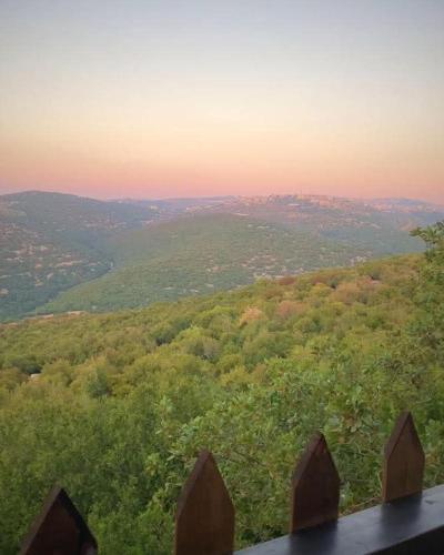 a view of a hill with trees and the horizon at أكواخ الهدهد in Ajloun