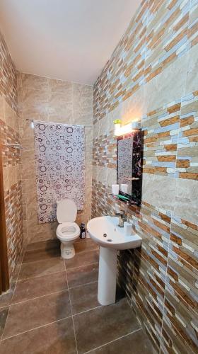 a bathroom with a toilet and a sink at AMIVI Plaza ADIDOADIN in Lomé