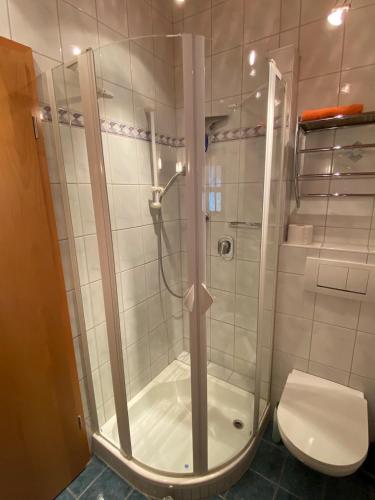 a bathroom with a shower and a toilet at Ferienwohnung Sunkler in Waging am See