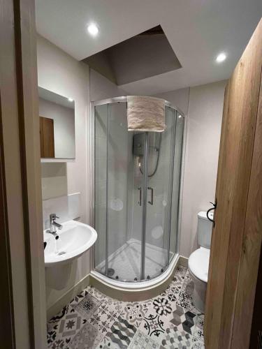 a bathroom with a shower and a toilet and a sink at Boutique 2 bedroom cottage - North Norfolk coast in Hindringham