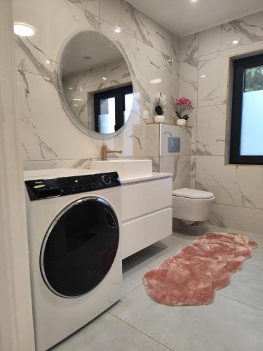 a bathroom with a washing machine and a toilet at Appartement meublé Rixheim Alsace in Rixheim