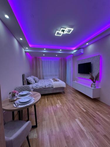 Habitación con cama e iluminación púrpura en Spa Apartman Love&Spa, en Banja Luka