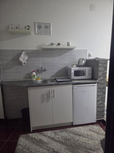 a small kitchen with a sink and a microwave at Zen apartman 1 in Zrenjanin