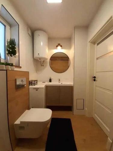 a bathroom with a white toilet and a sink at Domek Anastazja na Kaszubach z własną linią brzegową oraz balią in Borzyszkowo