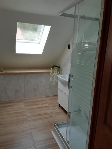 a bathroom with a skylight and a glass shower at Mi-Ri Balance vendégház in Szinpetri
