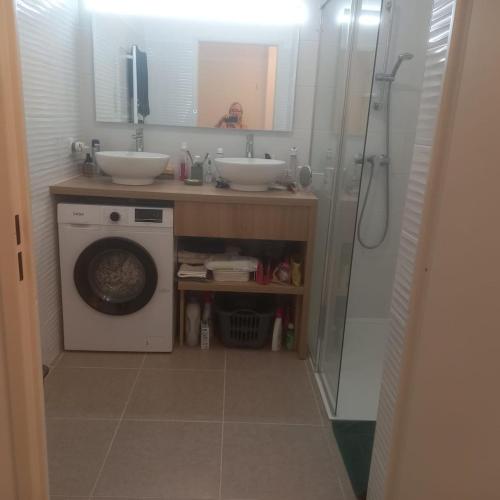 a bathroom with a sink and a washing machine at Charmant 2P à 5minutes de Cannes La Croisette in Le Cannet