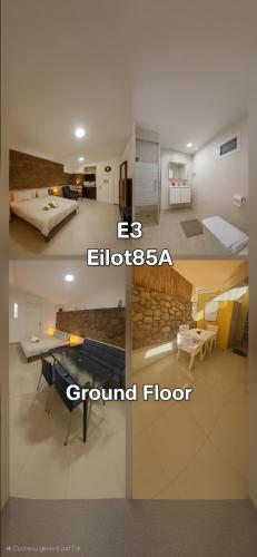 a collage of three pictures of a room at Eilot in Eilat