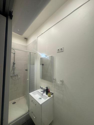 a white bathroom with a sink and a shower at New apartment rue de Fontenay in Vincennes