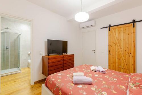 a bedroom with a bed with a tv on a dresser at Via Morelli A e B - 2 Camere con bagno privato, soggiorno e cucina in comune in Pero