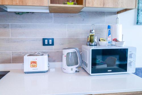 a kitchen counter with a microwave and a toaster at HOM I Con parking incluido Depto 1D1B in Puerto Varas