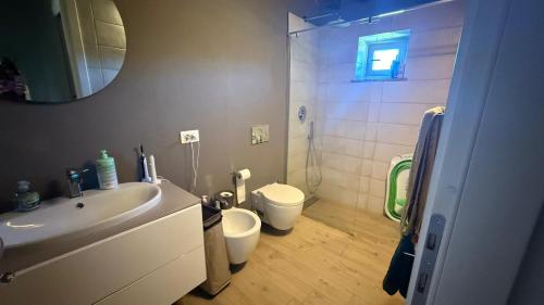 een badkamer met een wastafel, een toilet en een douche bij Casa Rachele in Arezzo
