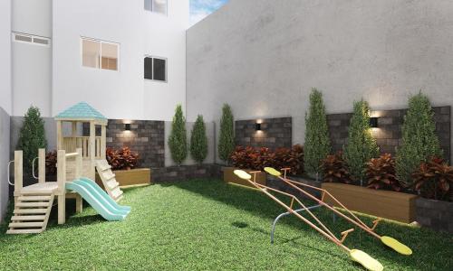 リマにあるTyB apartmentの遊び場と遊び場のある小さな裏庭