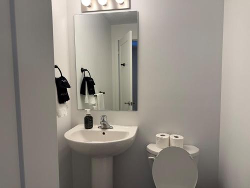 a bathroom with a sink and a toilet and a mirror at Bright Escape Falls Retreat in Niagara Falls