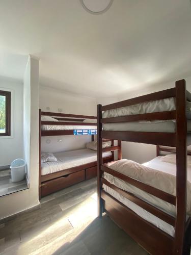 ein Schlafzimmer mit zwei Etagenbetten und einem Spiegel in der Unterkunft Patagon Backpackers in Coihaique