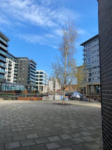 a tree in the middle of a city with buildings at Leeds Dock Apartment in Leeds