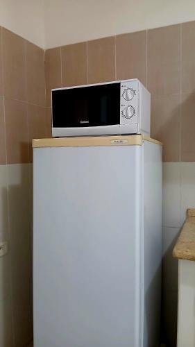 a microwave sitting on top of a refrigerator at Dar KAMOUN in Houmt Souk