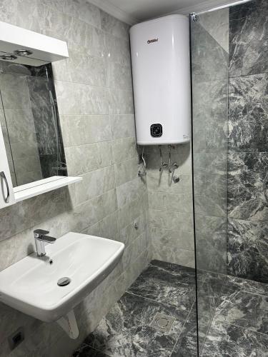 a bathroom with a sink and a glass shower at LUX APARTMENS GLIGA Lux 14 in Sombor