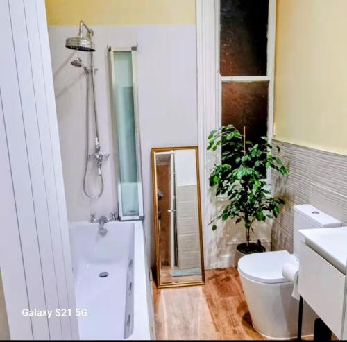 a bathroom with a toilet and a sink and a mirror at Sunderland 2-Bedroom Gem Near City in Sunderland