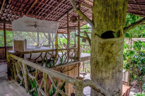 a tree house with a table and a tree trunk at Casa Aviari in Cabo Matapalo