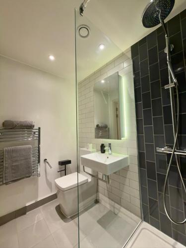 a bathroom with a toilet and a sink and a shower at Luxury 2 Bedroom 2 Bathroom Apartment by ExCeL & The 02, London in London