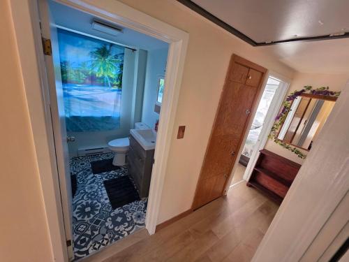 baño con lavabo y aseo con una pintura en la pared en Cozy 2-bedroom Downtown Apartment Campbellton Walk to Cafés & Shops, en Campbellton