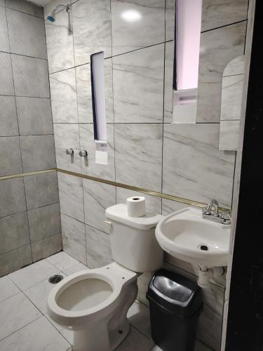 a bathroom with a toilet and a sink at minidepartamento a unos pasos de la gran pirámide in Cholula