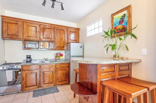a kitchen with wooden cabinets and a counter top at Coconut Row Boutique Hotel in Hopkins