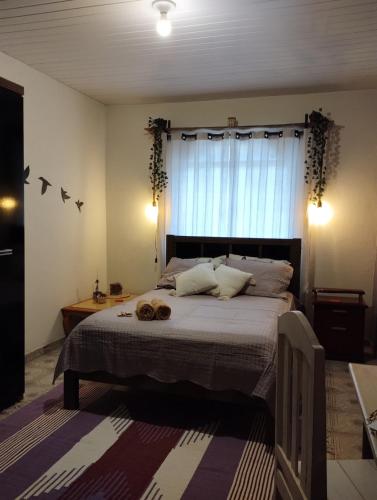 Un dormitorio con una cama grande con ventana. en Casa Aconchegante, en Caparaó Velho