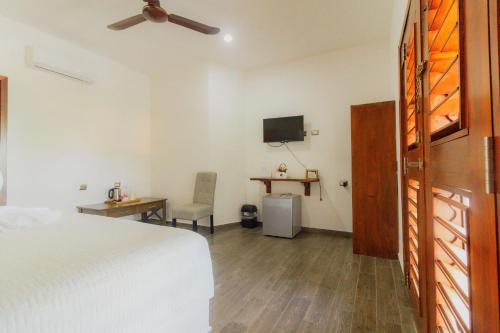 een slaapkamer met een bed, een bureau en een tv bij Hotel Maria Maria in Bacalar