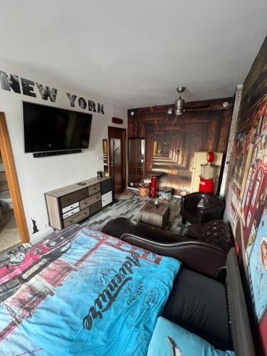 a living room with a bed and a flat screen tv at König Apartment in Kynšperk nad Ohří