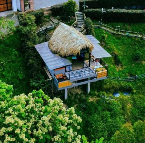 AranzazuにあるMORUMBI GLAMPINGの茅葺き屋根の家屋風景