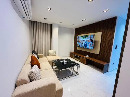 a living room with a couch and a tv at كمبوند الكناريا عماره 81 in Sheikh Zayed