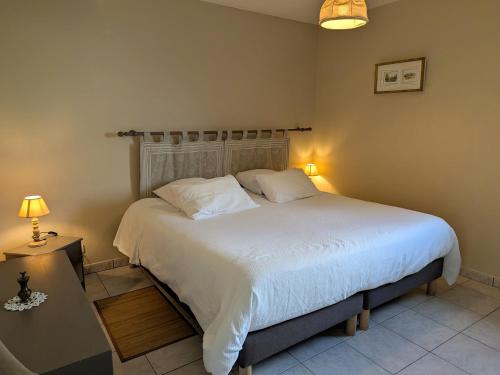 una camera da letto con un grande letto bianco con due cuscini di Gîte cosy en Val de Loire, proche Loire, Sologne, Sully/Loire - 1 ch, salon, cuisine, linge inclus - FR-1-590-30 a Guilly