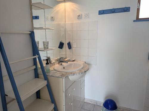 bagno con lavandino e mensola di Gîte cosy en Val de Loire, proche Loire, Sologne, Sully/Loire - 1 ch, salon, cuisine, linge inclus - FR-1-590-30 a Guilly