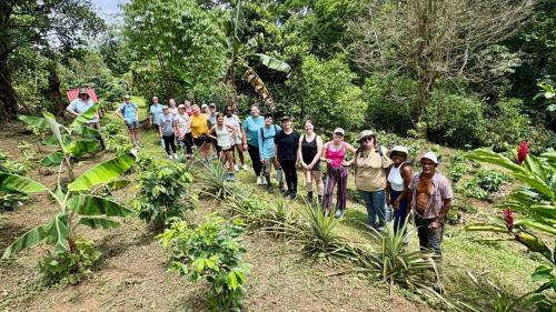 a group of people walking through a garden at Starfruit House in Chachagua