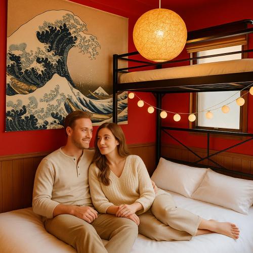 a man and a woman sitting on a bed at LEON RESORT HOTEL Max4people Shinjuku 7minutes Shibuya12 minutes LEON RESORT SHIBUYA 新宿渋谷 最寄り初台駅 最大4人 in Tokyo