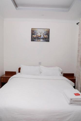 a bedroom with a white bed with a picture on the wall at Modern Guest House 2BR in Nakuru
