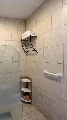 a tiled bathroom with a shower with two shelves at Villa Verde 2 Casa 14 in Tamarindo